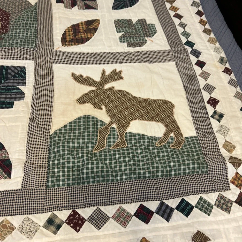 Patch Magic North Woods Cabin Moose Applique Patchwork Quilt Throw 47x55
